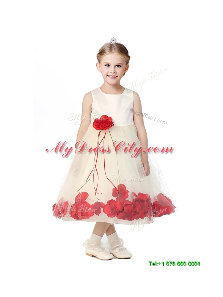 Best Scoop Girls Party Dress with Red Hand Made Flowers