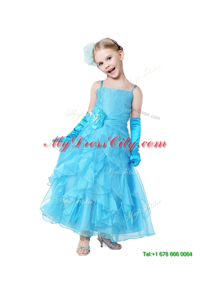 Cheap Spaghetti Straps Flower Girl Dress with Hand Made Flowers and Ruffles