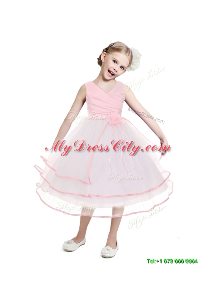 Fashionable V Neck Flower Girl Dress with Hand Made Flowers and Ruffled Layers