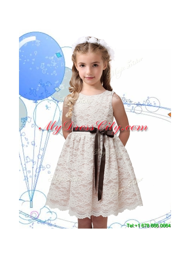 Perfect Scoop Champagne Girls Party Dress with Sashes and Lace