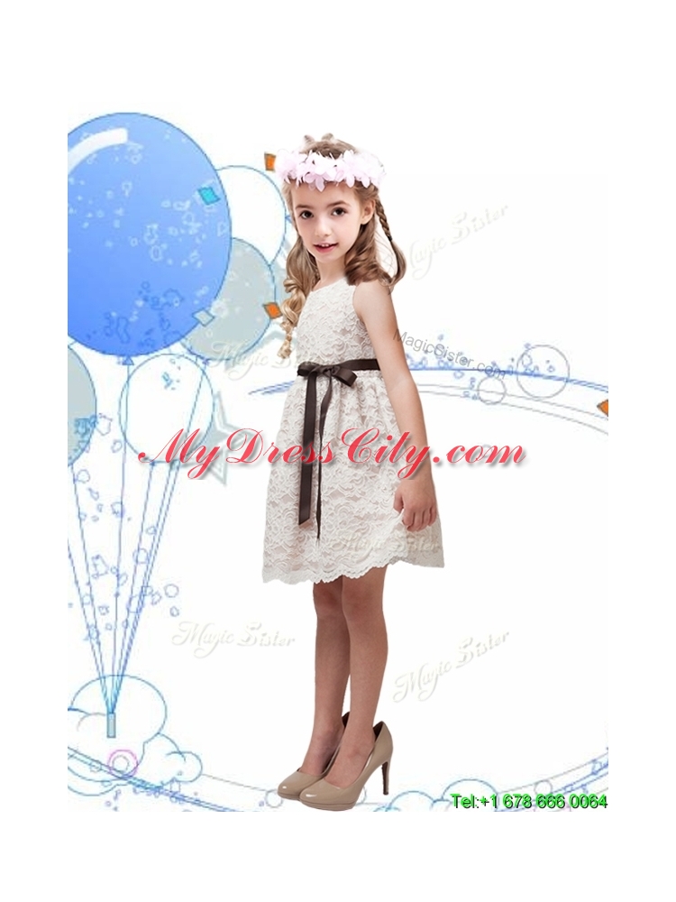 Perfect Scoop Champagne Girls Party Dress with Sashes and Lace