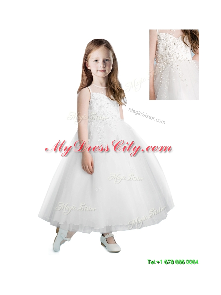 See Through Scoop Tulle Flower Girl Dress with Appliques