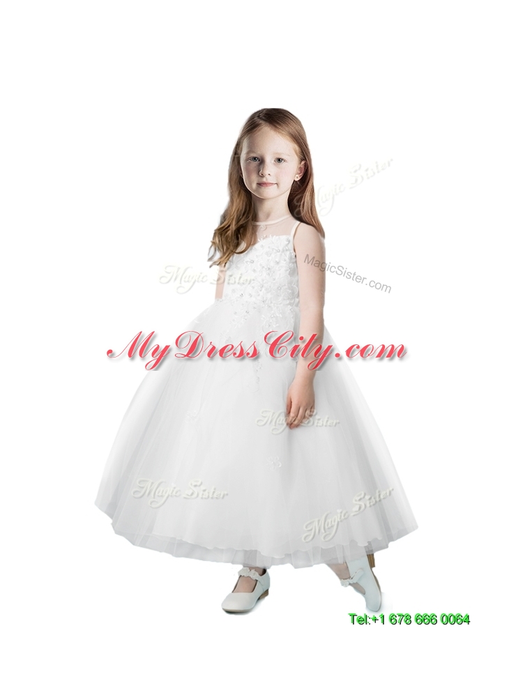 See Through Scoop Tulle Flower Girl Dress with Appliques