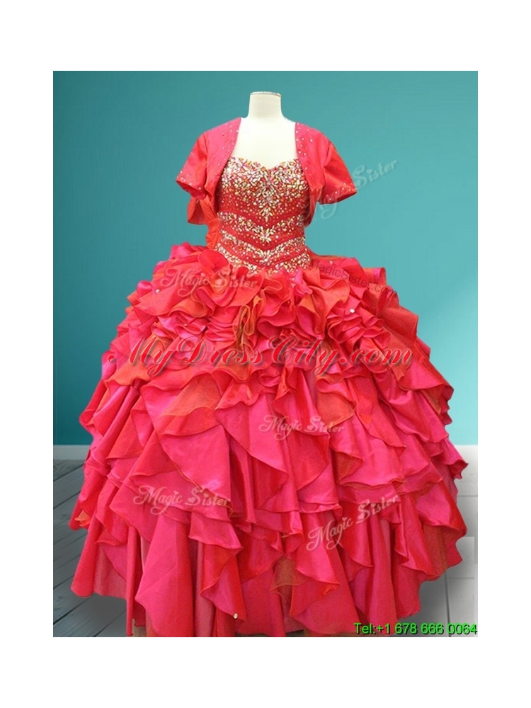 In Stock Beaded Bodice and Ruffled Sweet 15 Gown in Red