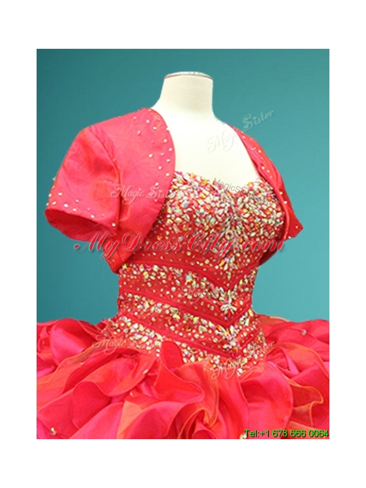 In Stock Beaded Bodice and Ruffled Sweet 15 Gown in Red