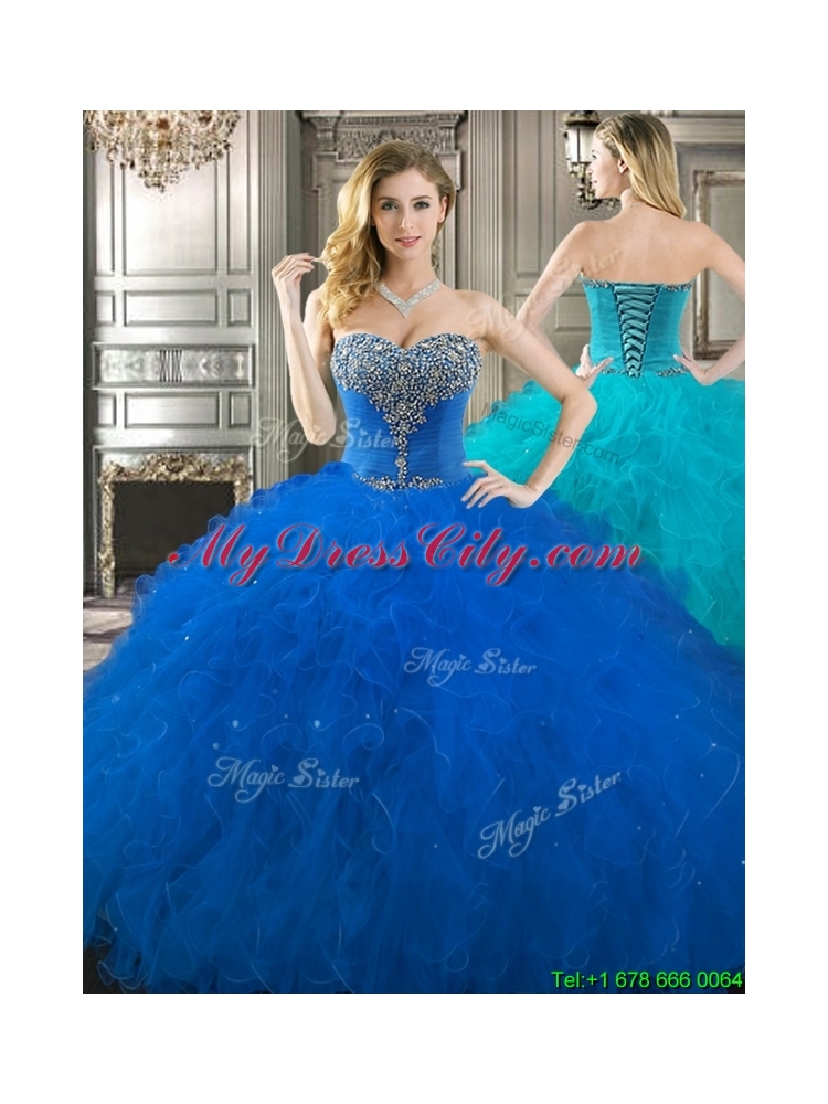 New Arrivals Big Puffy Beaded and Ruffled Quinceanera Dress in Royal Blue