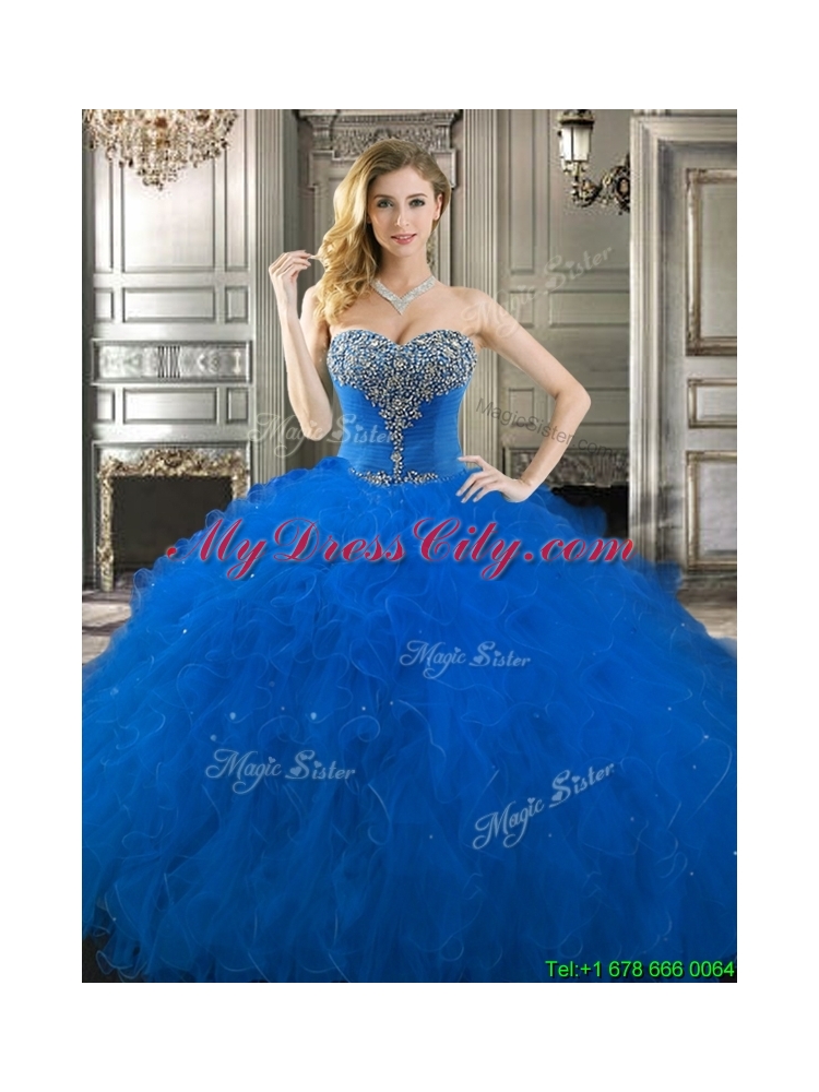 New Arrivals Big Puffy Beaded and Ruffled Quinceanera Dress in Royal Blue