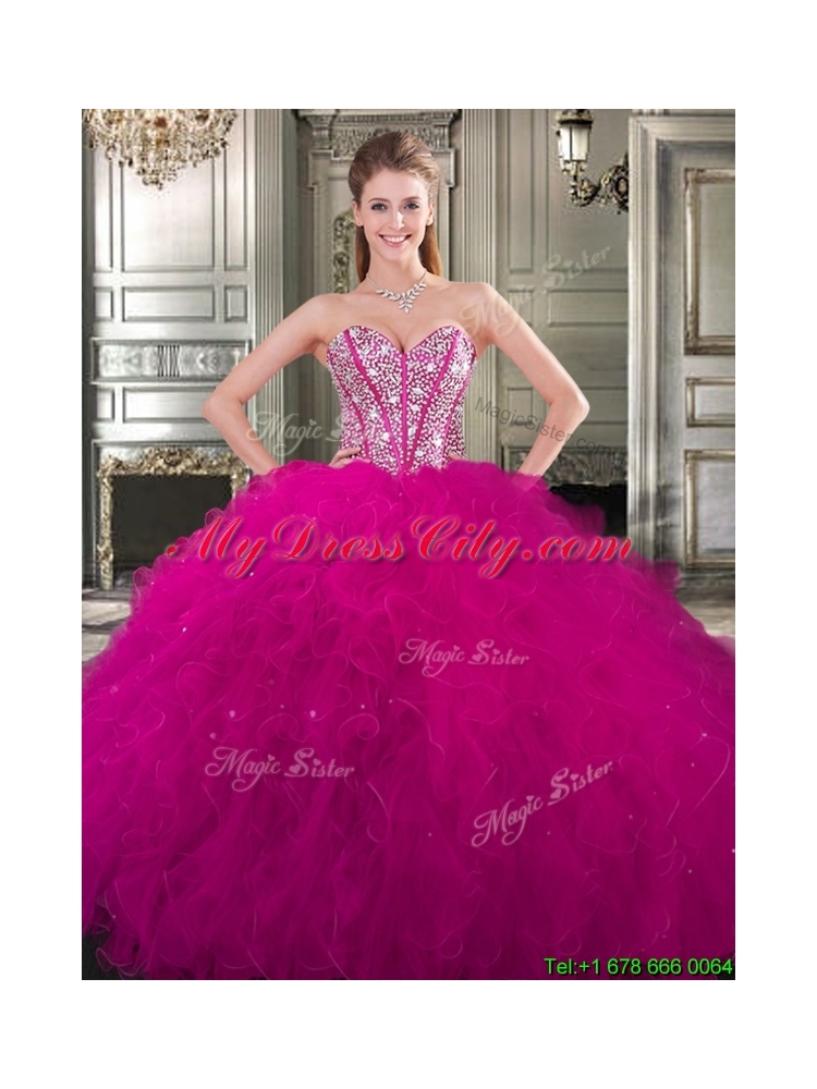Unique Ball Gown Fuchsia Sweet 16 Dress with Beading and Ruffles