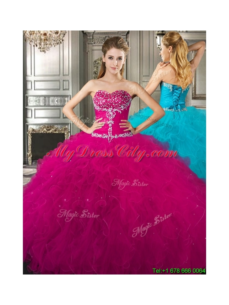 Perfect Tulle Beaded and Ruffled Fuchsia Sweet 15 Dress for 2016