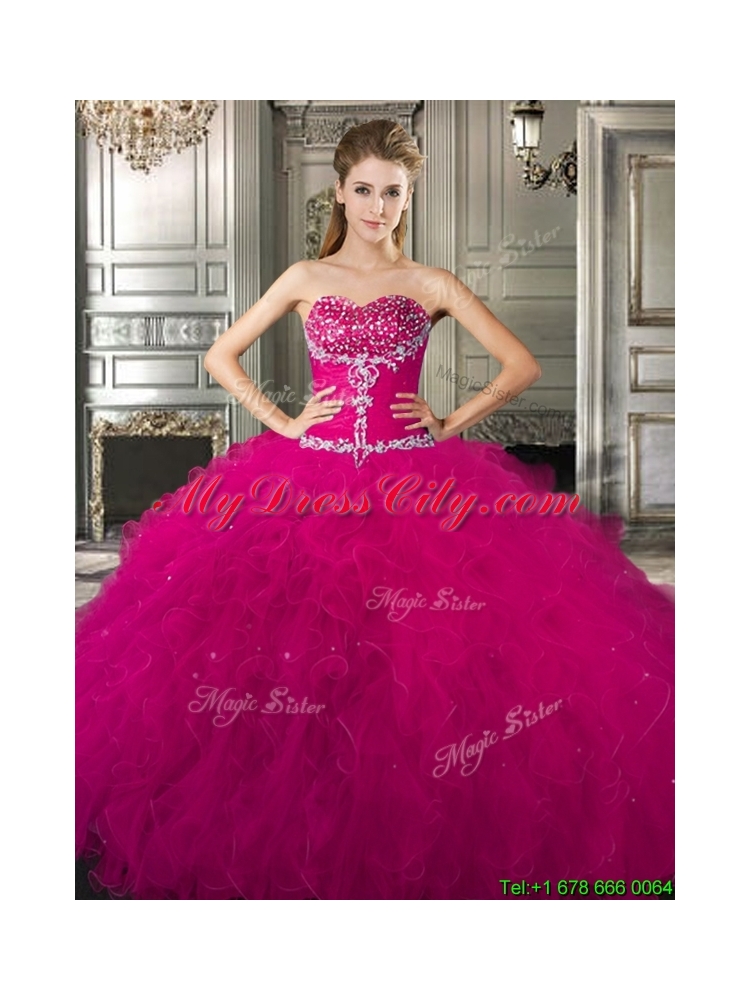 Perfect Tulle Beaded and Ruffled Fuchsia Sweet 15 Dress for 2016