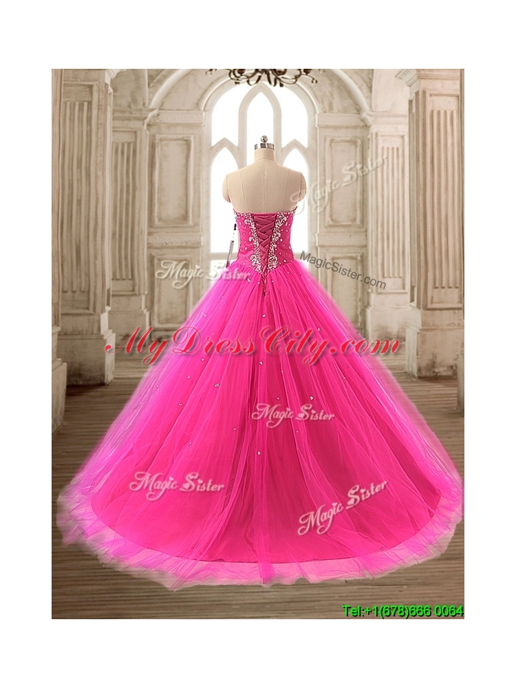 Elegant Beaded Hot Pink Sweet 16 Gown with Brush Train
