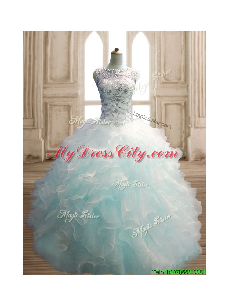 See Through Scoop Light Blue Quinceanera Dress with Beading and Ruffles