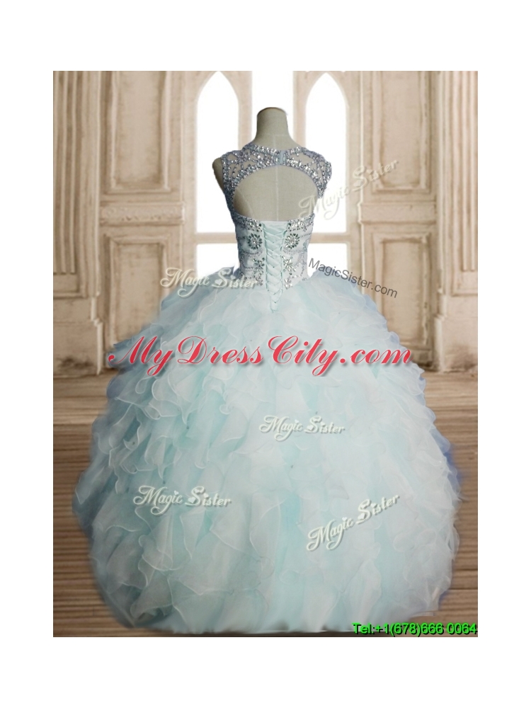 See Through Scoop Light Blue Quinceanera Dress with Beading and Ruffles