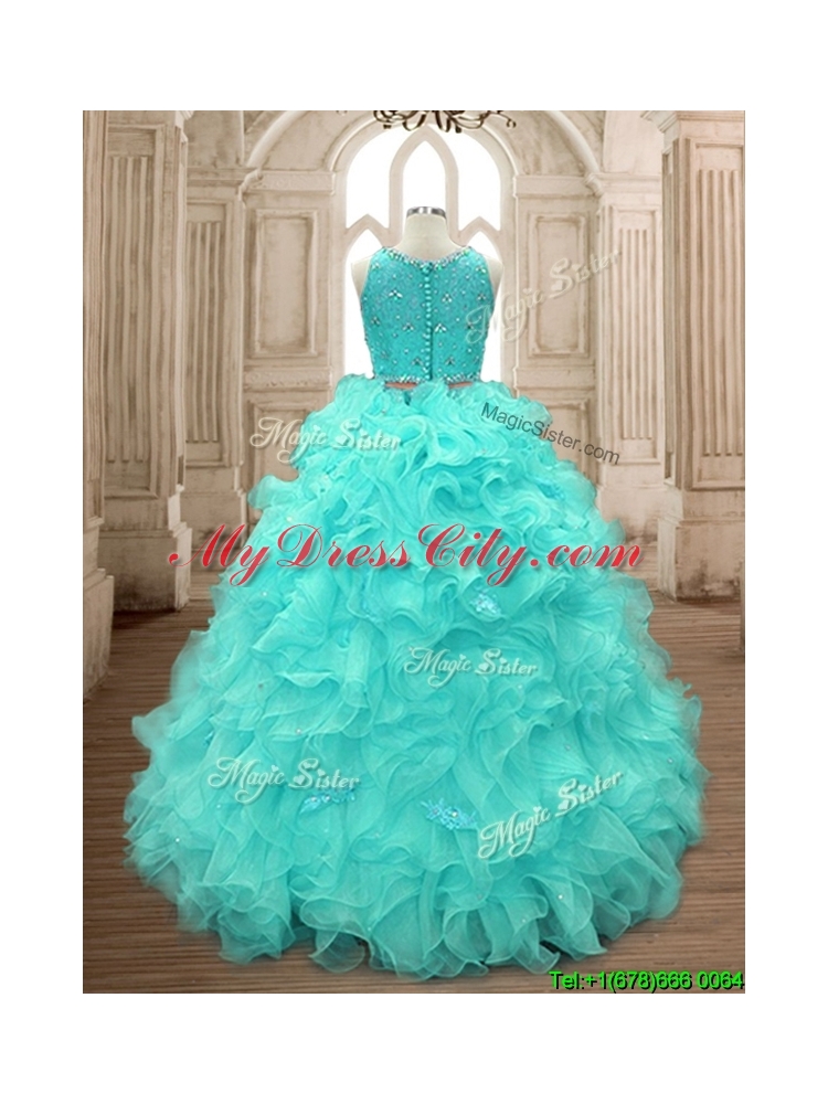 Sweet Two Piece Scoop Mint Quinceanera Dress with Beading and Ruffles