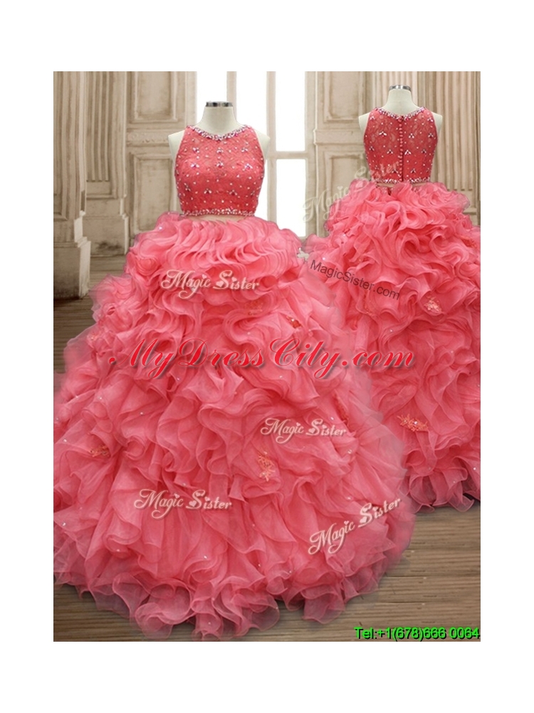 Two Piece Scoop Watermelon Red Quinceanera Dress with Beading and Ruffles