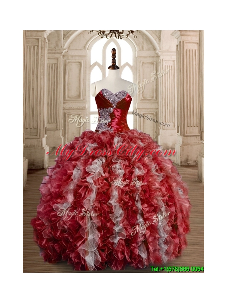 Latest Beaded Wine Red and White Sweet 15 Dress in Organza