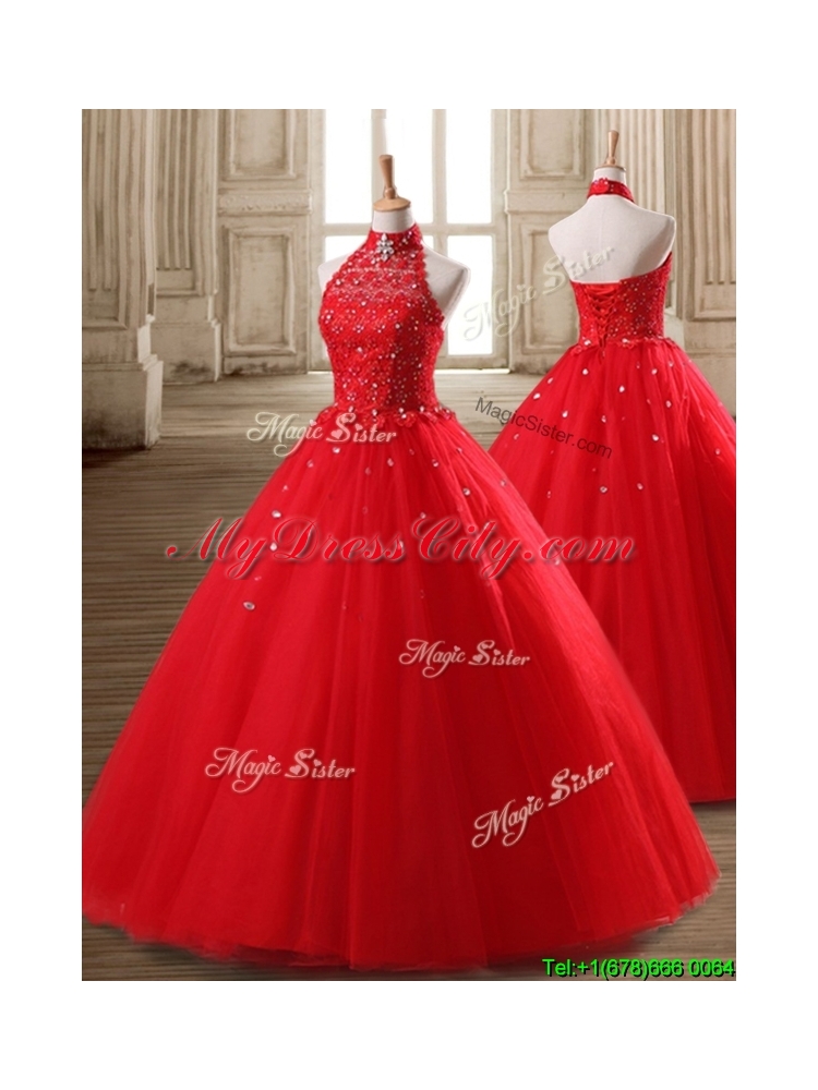Fashionable Halter Top Beaded Tulle Quinceanera Dress in Red