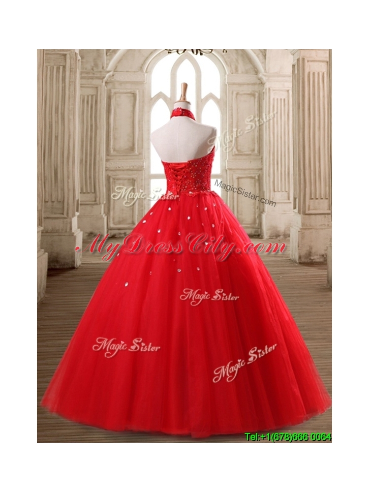 Fashionable Halter Top Beaded Tulle Quinceanera Dress in Red