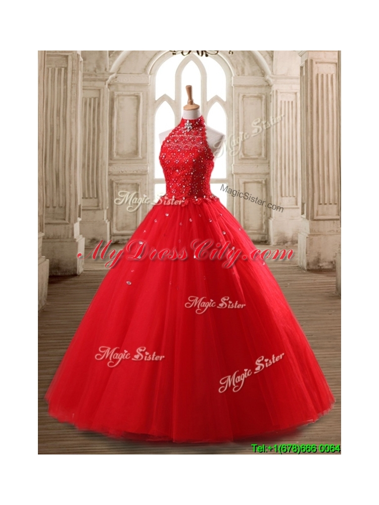 Fashionable Halter Top Beaded Tulle Quinceanera Dress in Red