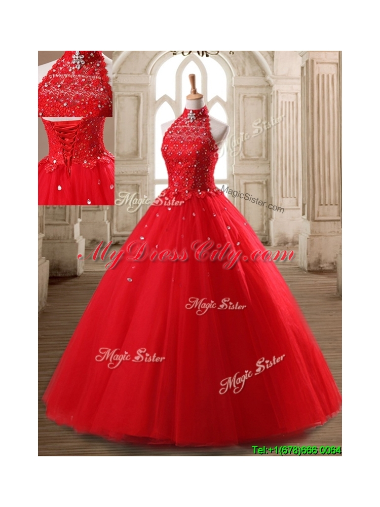 Fashionable Halter Top Beaded Tulle Quinceanera Dress in Red