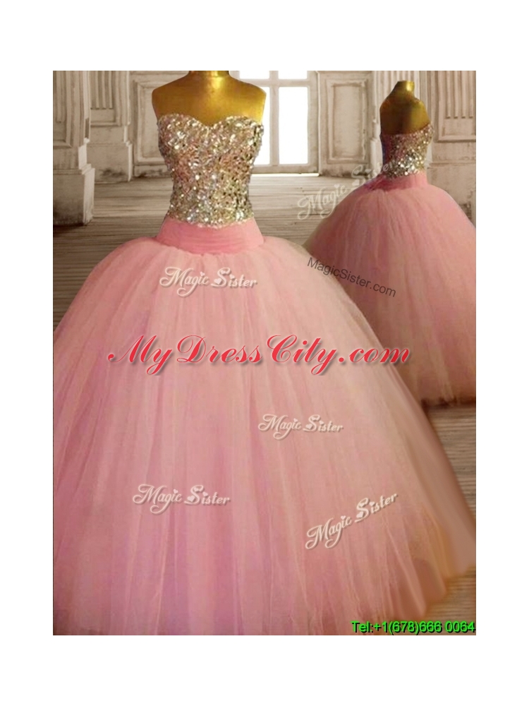 New Style Beaded Bodice Baby Pink Sweet 16 Dress in Tulle