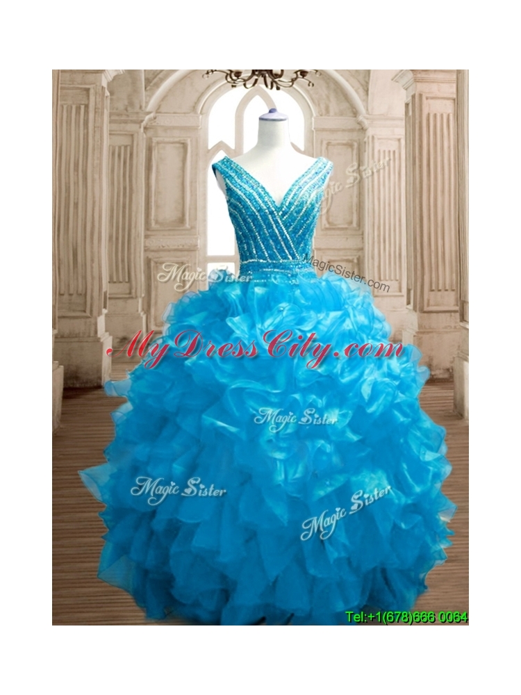 Wonderful Deep V Neckline Beading and Ruffles Sweet 16 Dress in Organza