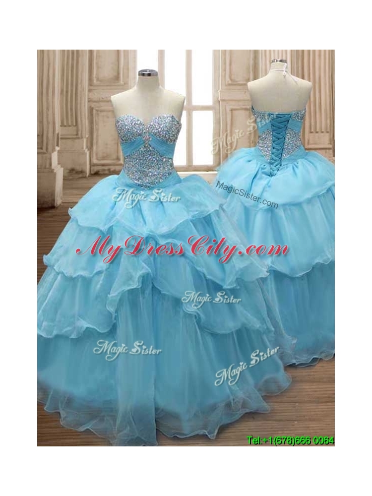 Comfortable Baby Blue Organza Sweet 16 Dress with Beading and Ruffled Layers