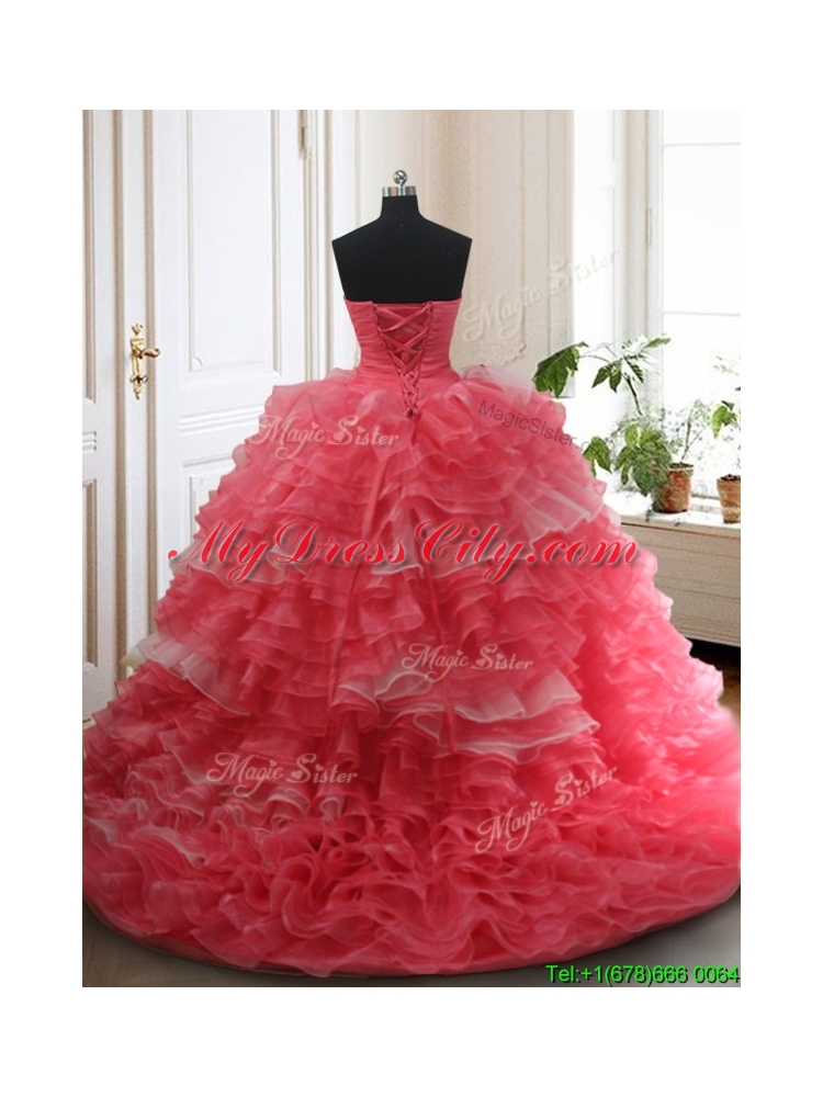 2017 Brush Train Red and White Quinceanera Dress with Beading and Ruffled Layers