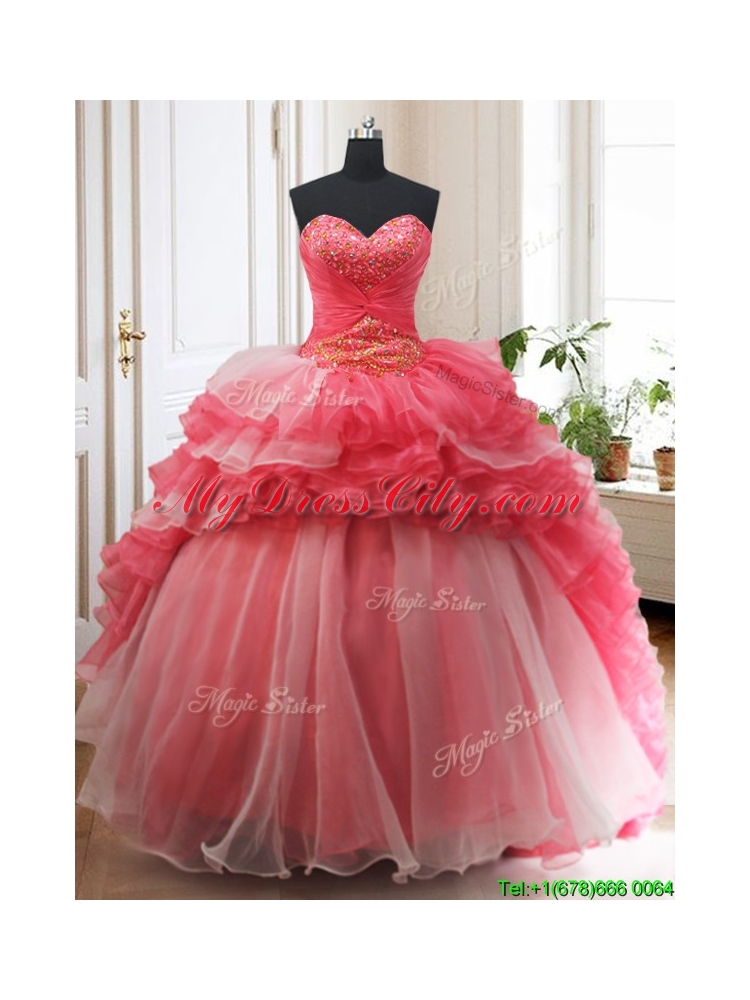 2017 Brush Train Red and White Quinceanera Dress with Beading and Ruffled Layers