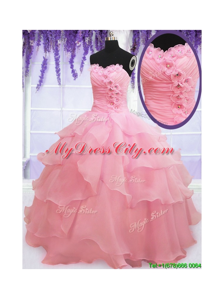 2017 Cute Organza Baby Pink Quinceanera Dress with Appliques and Ruffled Layers