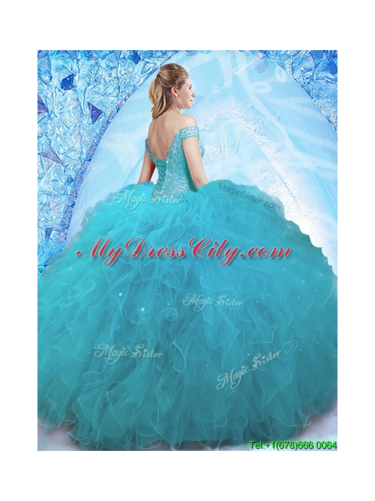 Cheap Beaded Off the Shoulder Teal Quinceanera Dress in Tulle