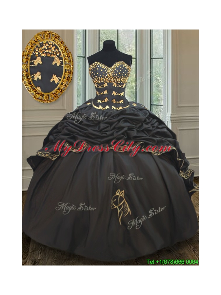Wonderful Bubble Embroideried and Beaded Black Quinceanera Dress in Taffeta
