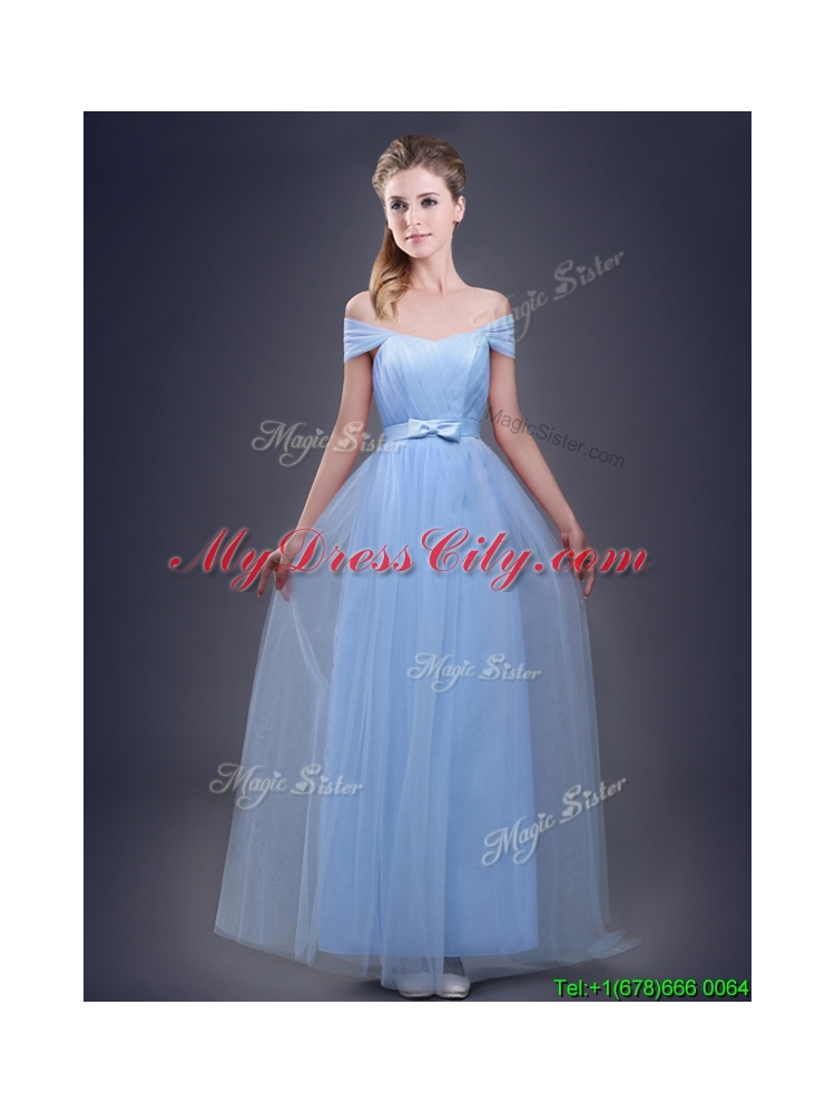 New Empire Bowknot and Ruched Dama Dress in Light Blue