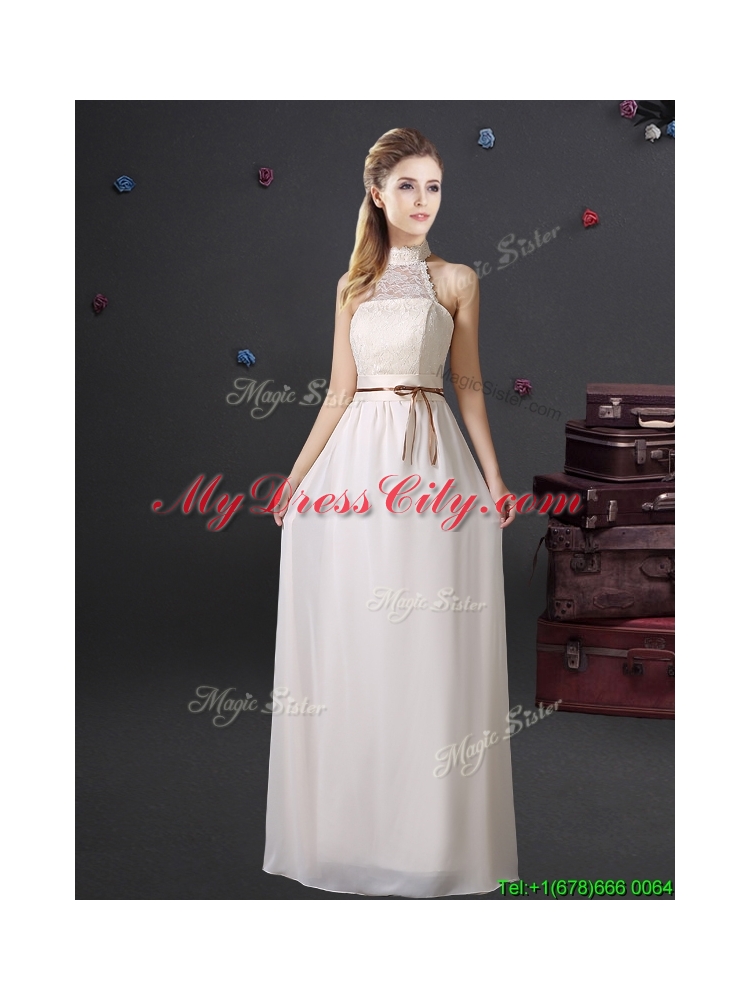 Luxurious Laced and Belted Prom Dress with Halter Top