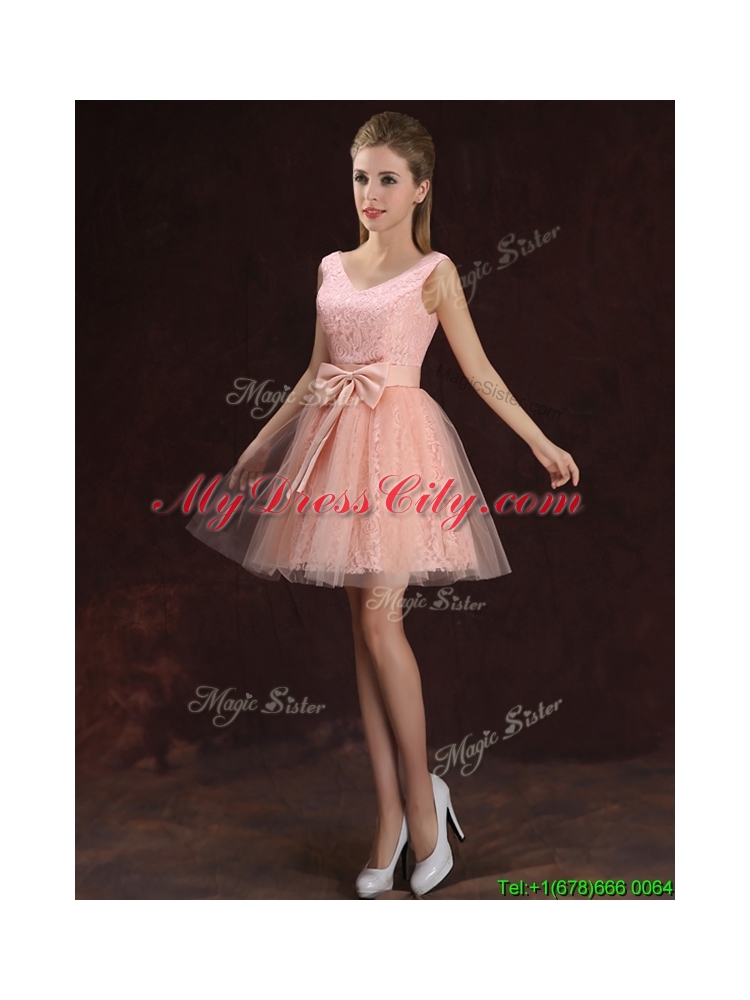 Most Popular V Neck Pink Prom Dress with Bowknot and Lace
