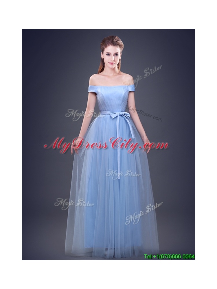 Simple Off the Shoulder Bowknot and Ruched Prom Dress in Tulle