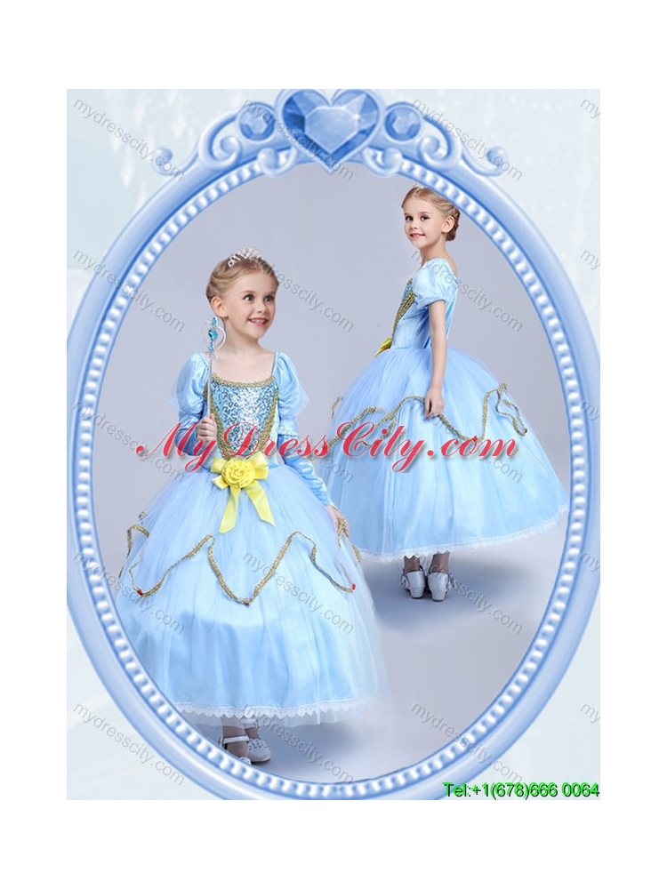 Halloween Cheap Hand Made Flower Short Sleeves Little Girl Pageant Dress in Light Blue