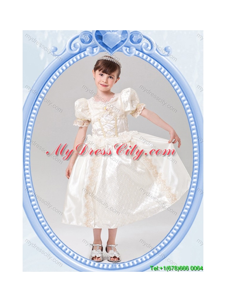 Puffy Scoop Halloween Tea-length Short Sleeves Little Girl Pageant Dress in White