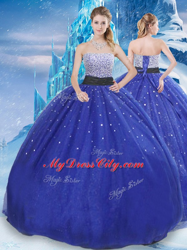 Most Popular Royal Blue Lace Up Strapless Beading and Sequins Vestidos de Quinceanera Tulle Sleeveless