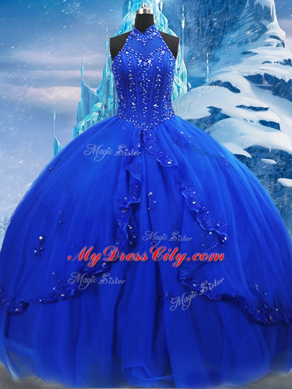 Delicate Beading and Ruffles Vestidos de Quinceanera Royal Blue Lace Up Sleeveless Brush Train