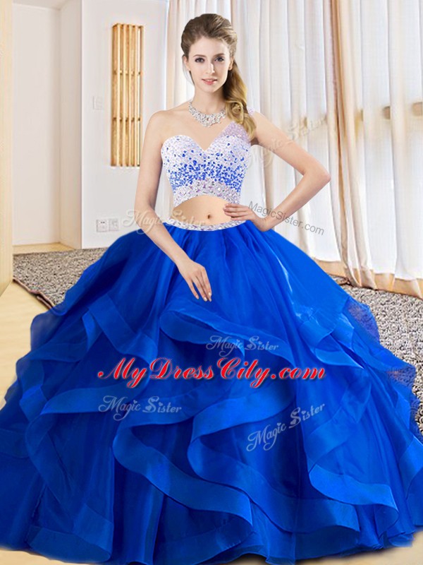 Dynamic Two Pieces Sweet 16 Dress Royal Blue One Shoulder Tulle Sleeveless Floor Length Criss Cross