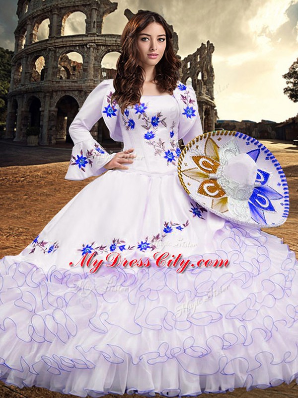 Royal Blue Ball Gowns Organza Square Long Sleeves Embroidery and Ruffled Layers Floor Length Lace Up Sweet 16 Quinceanera Dress