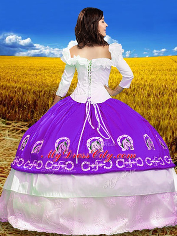 Discount 3 4 Length Sleeve Floor Length Embroidery Lace Up Sweet 16 Quinceanera Dress with Purple