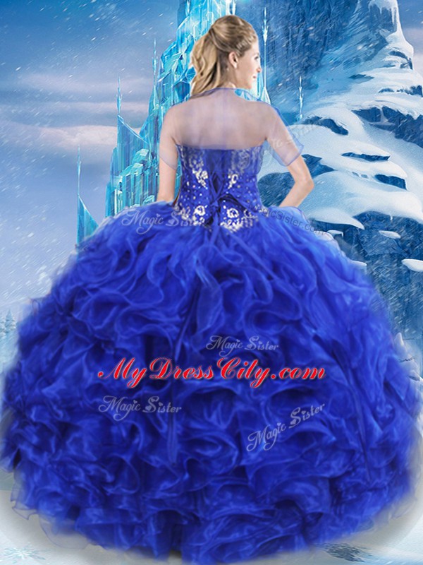 Romantic Royal Blue Lace Up Sweetheart Beading Quinceanera Gowns Organza Sleeveless
