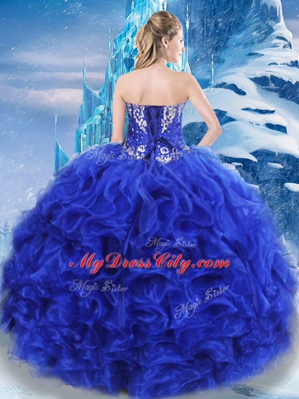 Romantic Royal Blue Lace Up Sweetheart Beading Quinceanera Gowns Organza Sleeveless