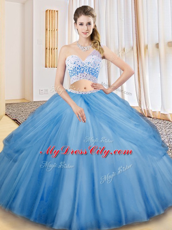 Baby Blue Tulle Criss Cross One Shoulder Sleeveless Floor Length Ball Gown Prom Dress Beading and Ruching and Pick Ups
