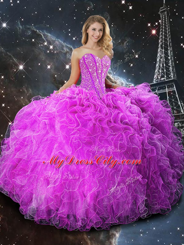 Exquisite Fuchsia Organza Lace Up 15 Quinceanera Dress Sleeveless Floor Length Beading and Ruffles