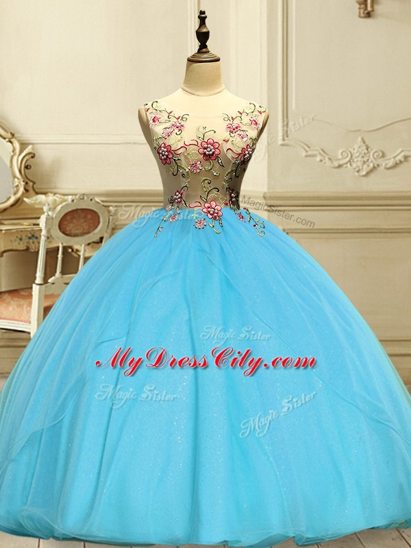 Glamorous Baby Blue Ball Gowns Scoop Sleeveless Organza Floor Length Lace Up Appliques Vestidos de Quinceanera