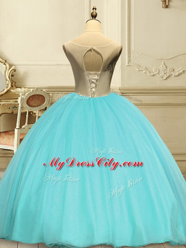Glamorous Baby Blue Ball Gowns Scoop Sleeveless Organza Floor Length Lace Up Appliques Vestidos de Quinceanera