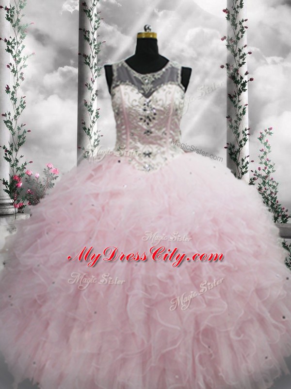 Inexpensive Beading and Ruffles Vestidos de Quinceanera Baby Pink Lace Up Sleeveless Floor Length